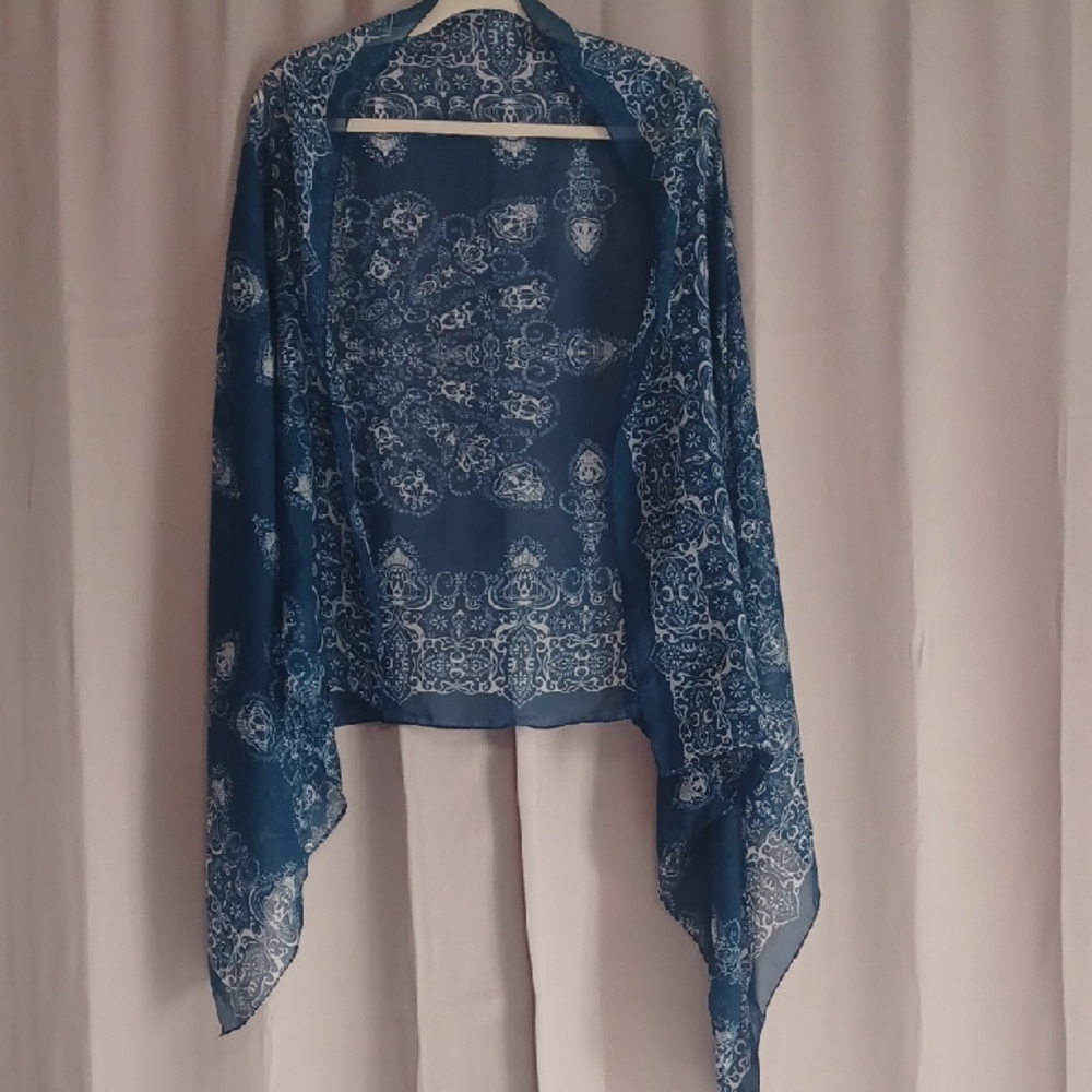 Blue Patterned Semi-Sheer Patterned Scarf Shawl 2… - image 1